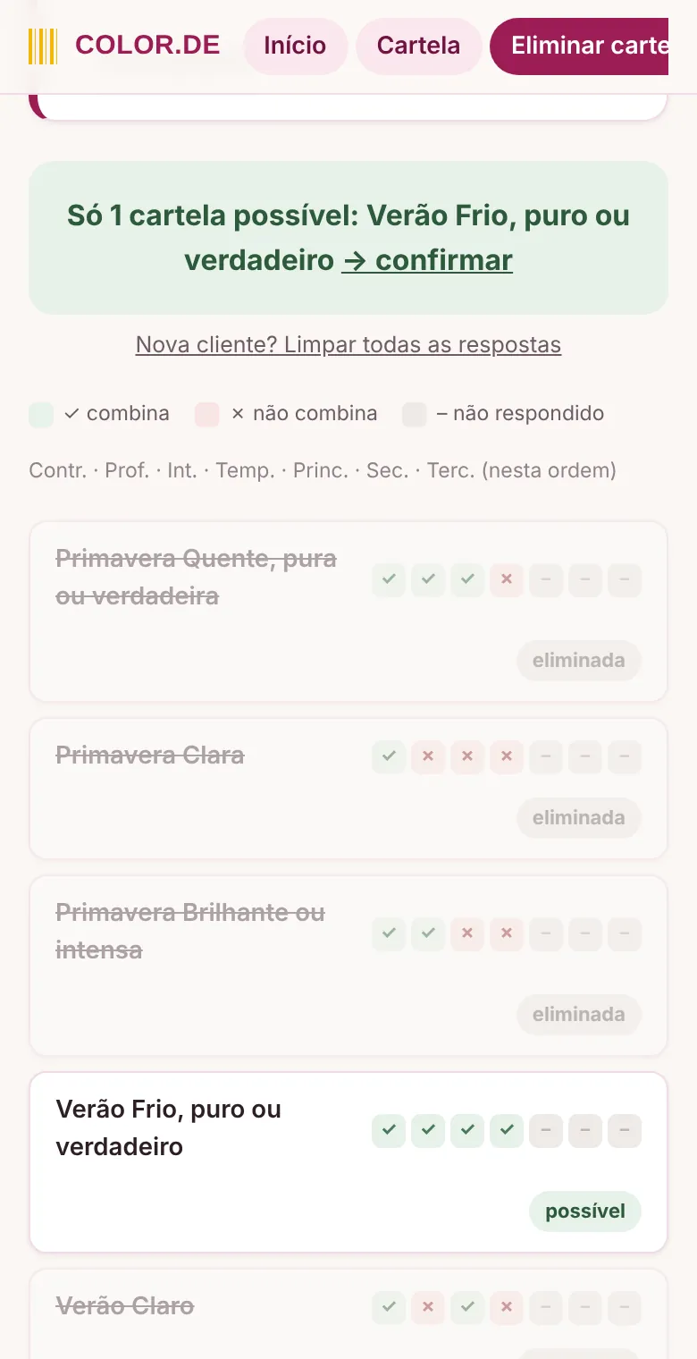 Painel eliminando cartelas até restar uma paleta possível