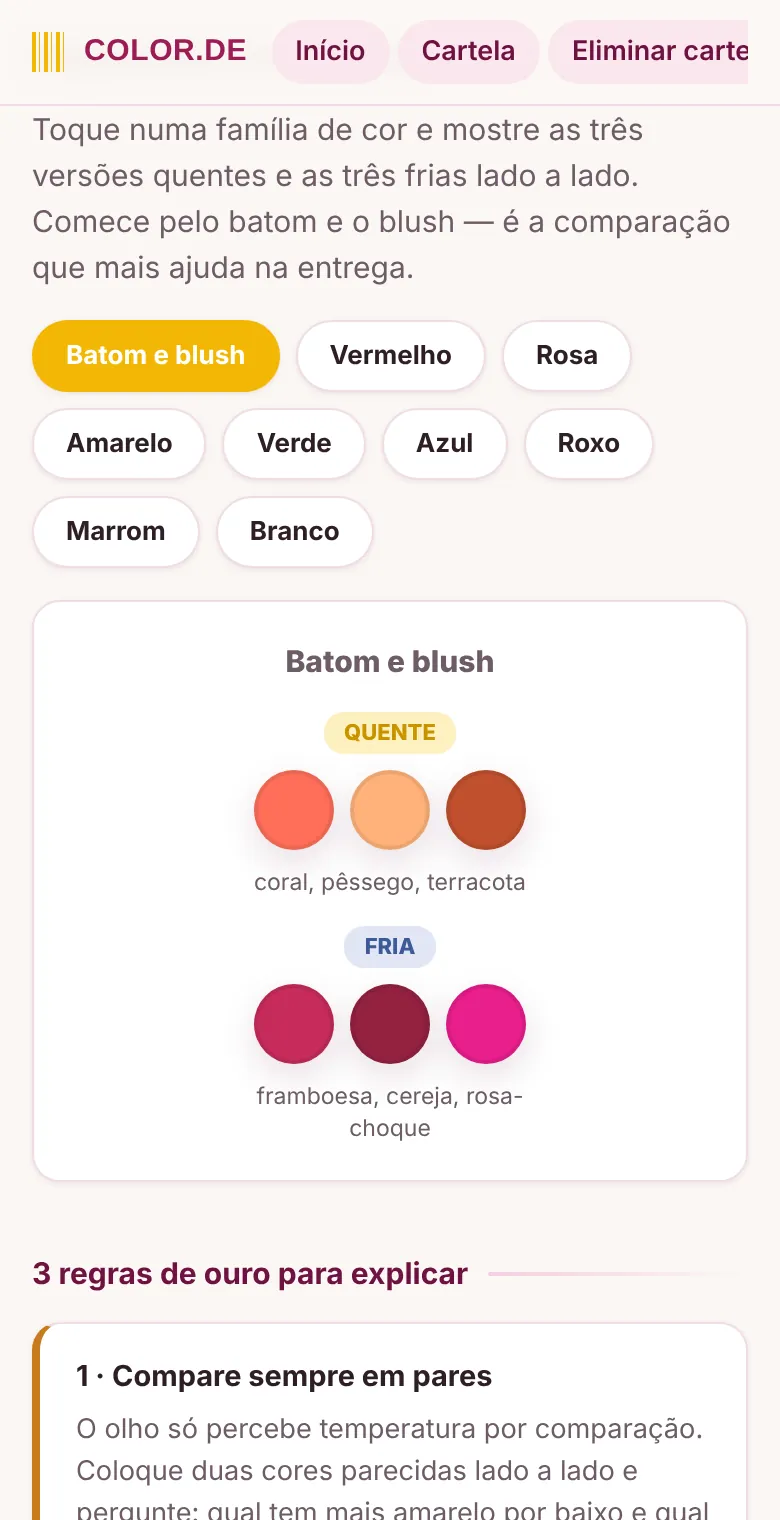 Tela Como explicar, com cores quentes e frias de batom e blush