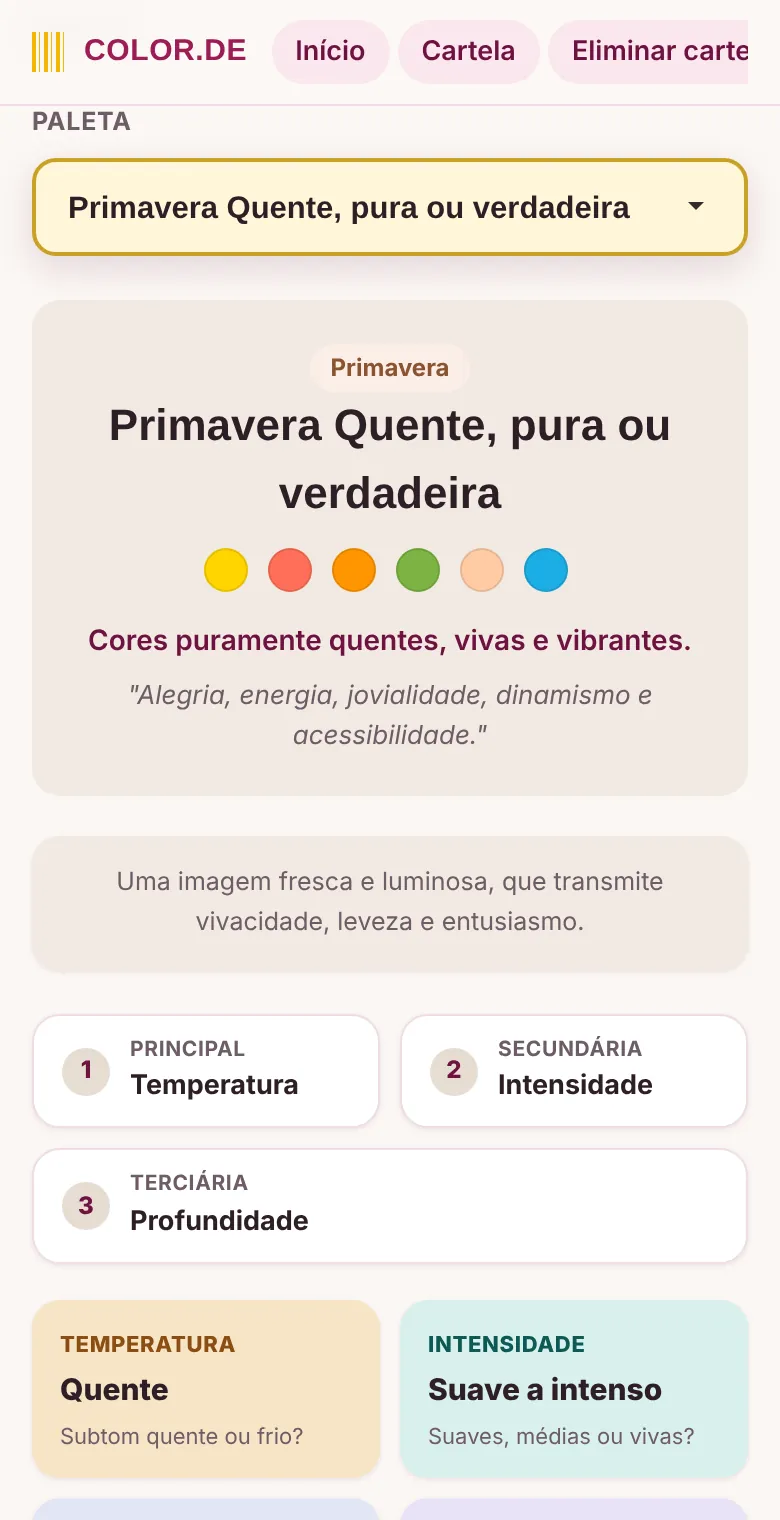 Ficha da paleta Primavera Quente com cores e características